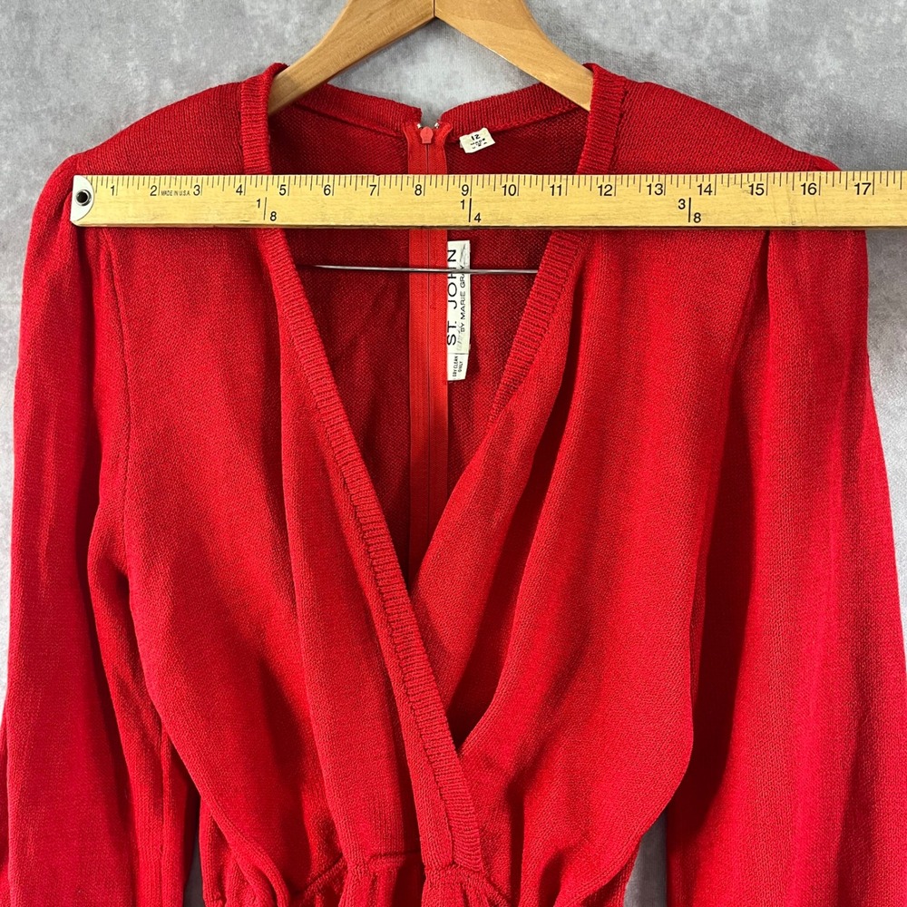 St. John Knit Dress Women 12 Red V-Neck Embellished Cuff Vintage Marie Gray - Picture 5 of 9
